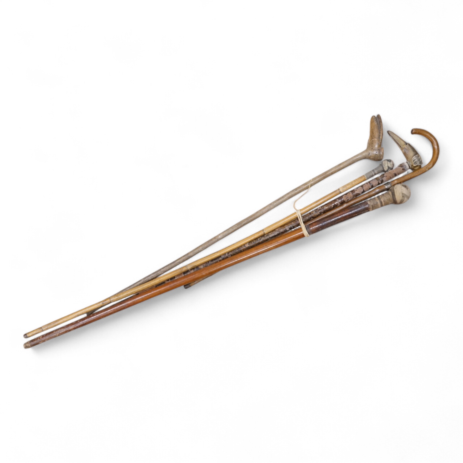 Five walking sticks to include two with rope work handles and one carved in the form of a dog's head, largest 94cm in length